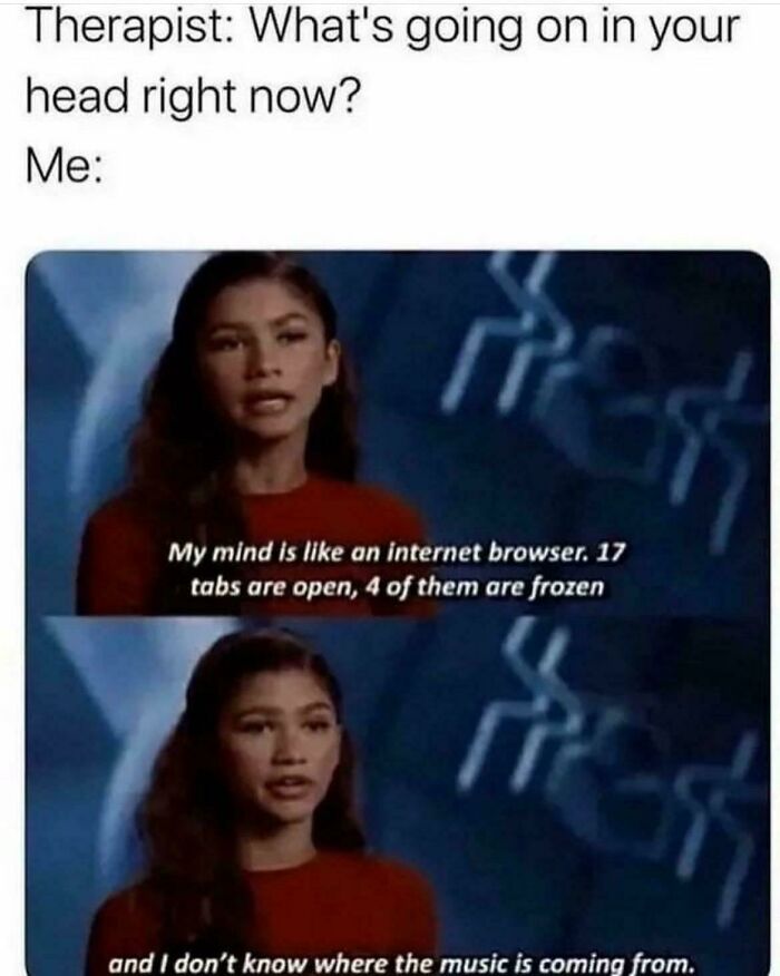 Young woman explaining anxiety feeling like frozen internet browser tabs and unknown music playing, in a funny relatable meme.