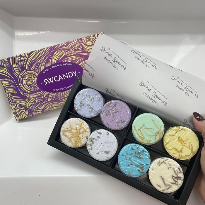 Box of colorful SWCANDY shower steamers, a popular last minute Mother's Day gift idea for relaxation and self-care.