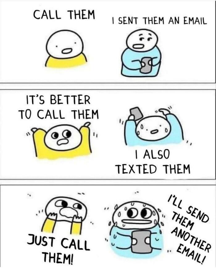 Cartoon characters showing anxiety with calls, texts, and emails, depicting relatable anxiety struggles in a funny meme style.