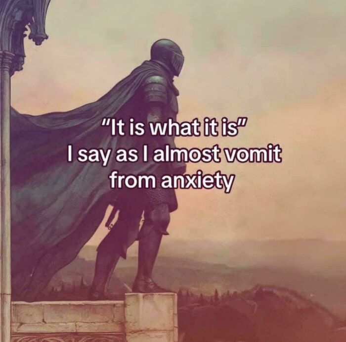 A knight in armor with a flowing cape overlooking a landscape with a funny anxiety meme about almost vomiting.