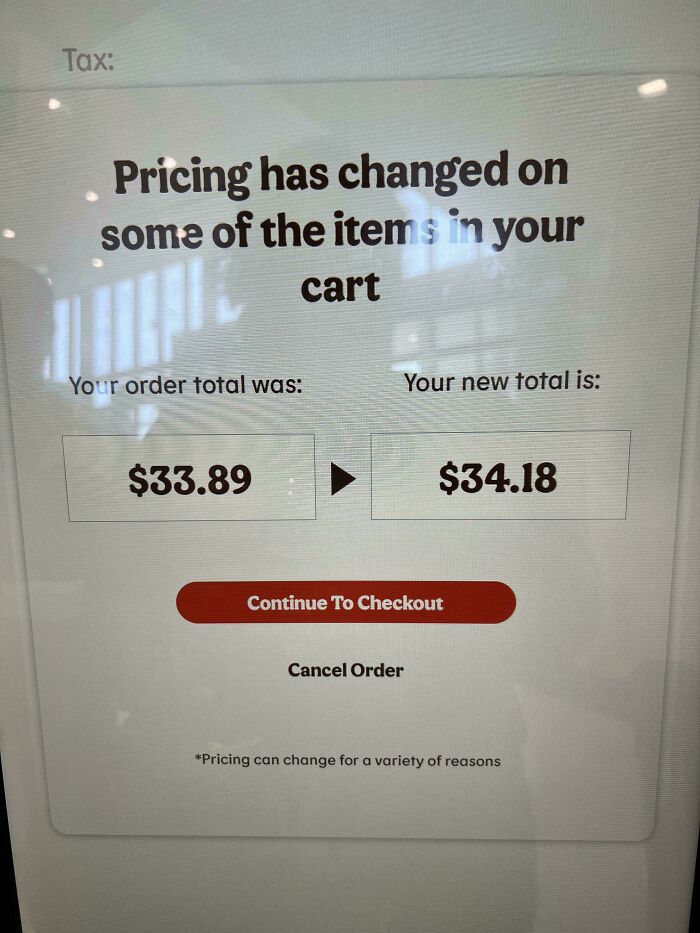 Pricing update on a shopping cart screen showing increased total, reflecting current life in the US through American eyes.