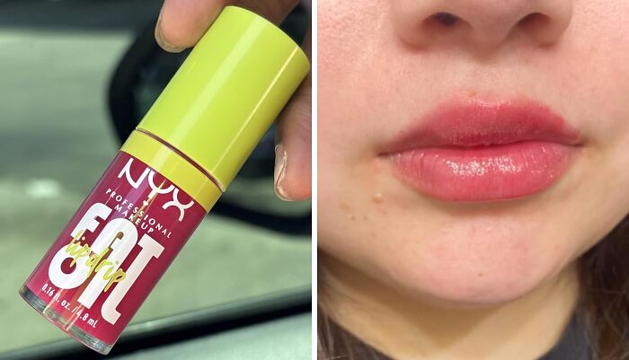 NYX Fat Lip Oil held near a window next to a close-up of glossy lips, highlighting Wednesday positivity this week.