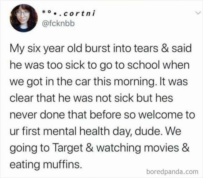 Tweet about a six-year-old having a mental health day, included in wholesome memes to send to your favorite people.