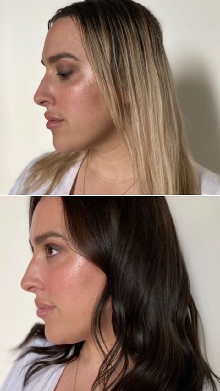 Side-by-side profile images showing small appearance changes in hair color and style for women.