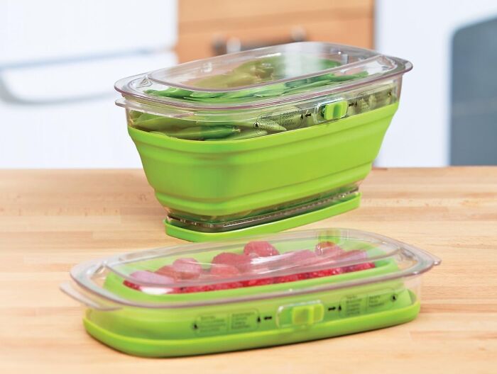 Collapsible green containers on a wooden surface showing practical and fun reasons Wednesday might improve this week.