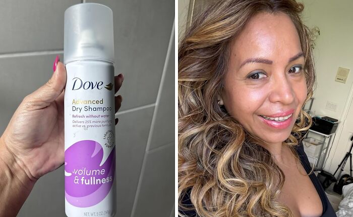 Hand holding Dove Advanced Dry Shampoo can next to a smiling woman with voluminous curly hair showing volume and fullness benefits.