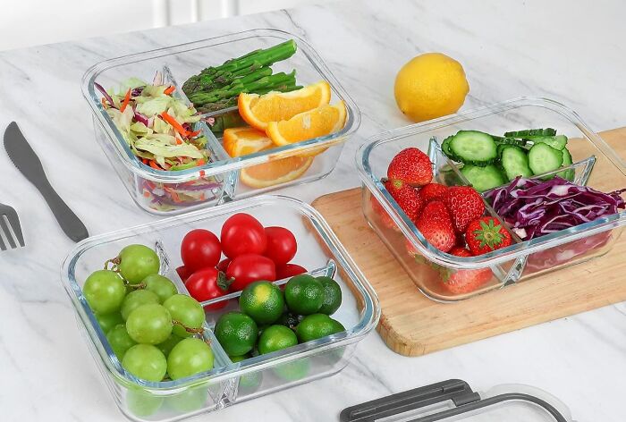 Glass meal prep containers filled with fresh fruits and vegetables, promoting healthy habits for Wednesday meals.