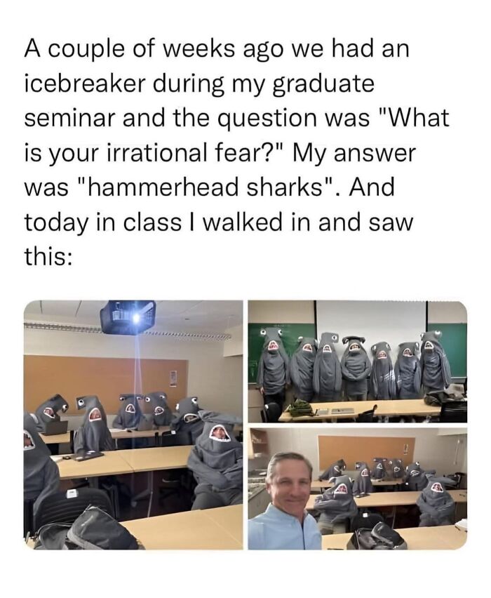 Students dressed as hammerhead sharks in a classroom as a wholesome meme to share with favorite people.