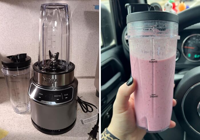 Ninja blender on kitchen counter next to a clear cup, and a hand holding a pink smoothie in a car, showing reasons Wednesday might improve.