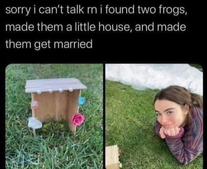 Person lying on grass next to a small handmade frog house, showcasing wholesome memes to send to favorite people.