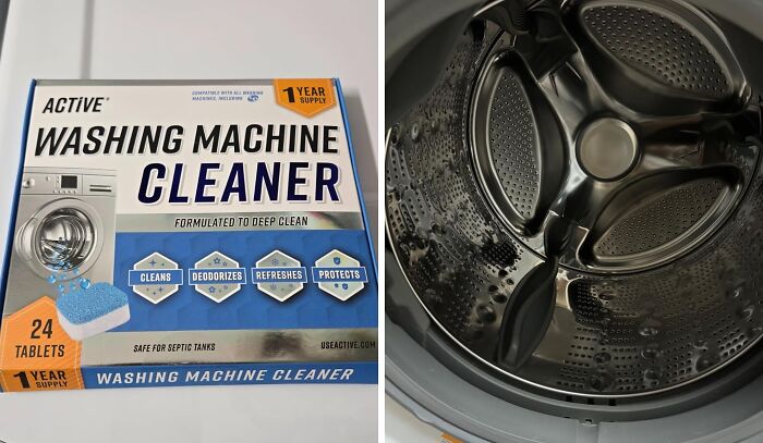 Washing machine cleaner tablets with 1 year supply shown alongside a clean washing machine drum for easy maintenance.