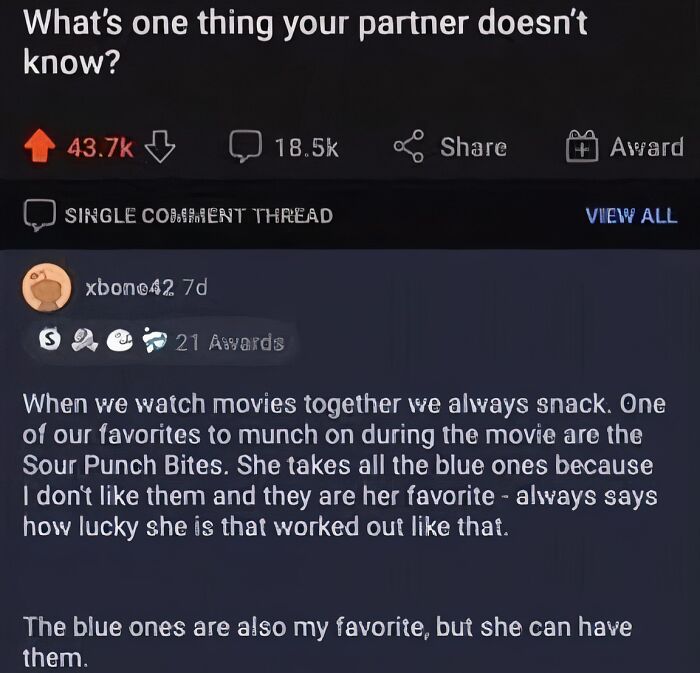 Screenshot of a wholesome meme about sharing favorite Sour Punch Bites blue candies while watching movies together.