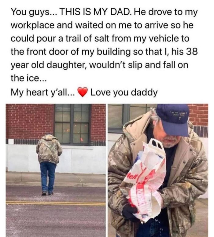 Dad spreading salt on icy sidewalk to keep his daughter safe, a wholesome moment featured in wholesome memes.