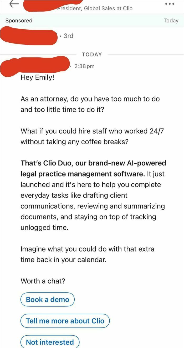 Message screenshot promoting AI-powered legal practice management software aimed at busy attorneys in the US.
