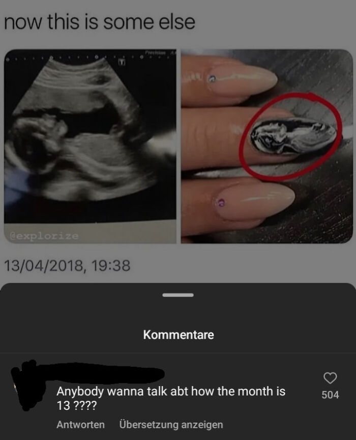 Ultrasound image next to fingernail art confusion highlighting examples of ignorance among Americans.
