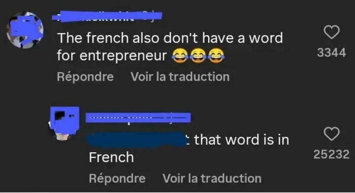 Screenshot of social media comments showing ignorance of Americans on French language, illustrating times ignorance knew no bounds.