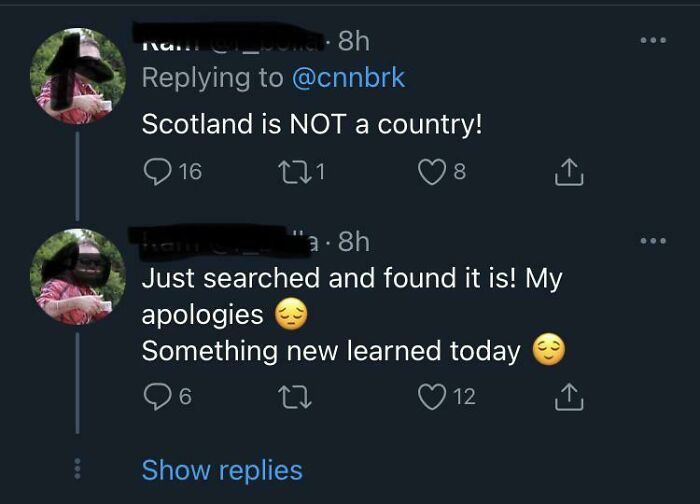 Twitter user incorrectly claims Scotland is not a country then apologizes, showing American ignorance on geography.