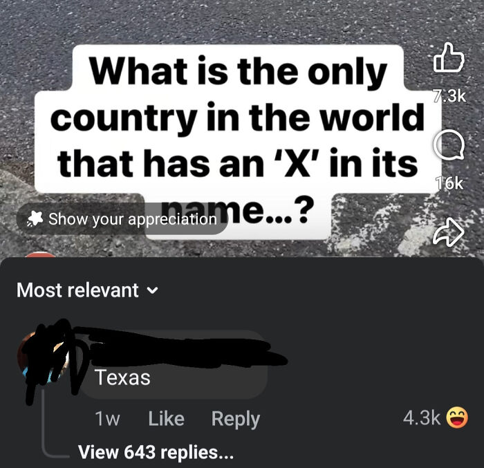 Screenshot of a social media post where a user incorrectly answers about a country with an X, showing American ignorance.