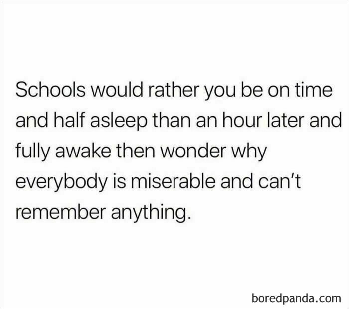 Funny and random shower thoughts about schools preferring punctual but half-asleep students over fully awake latecomers.