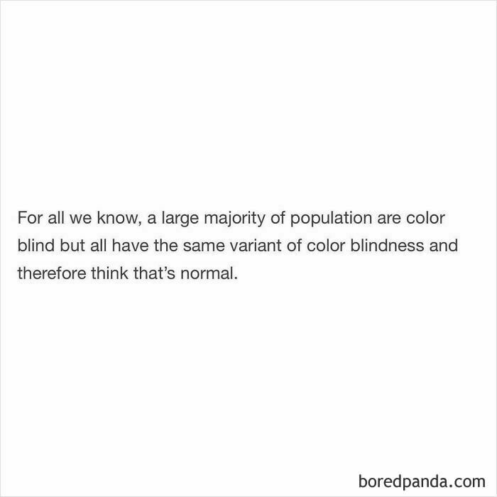 Funny and random shower thought about color blindness and perceived normality shared on an IG page.
