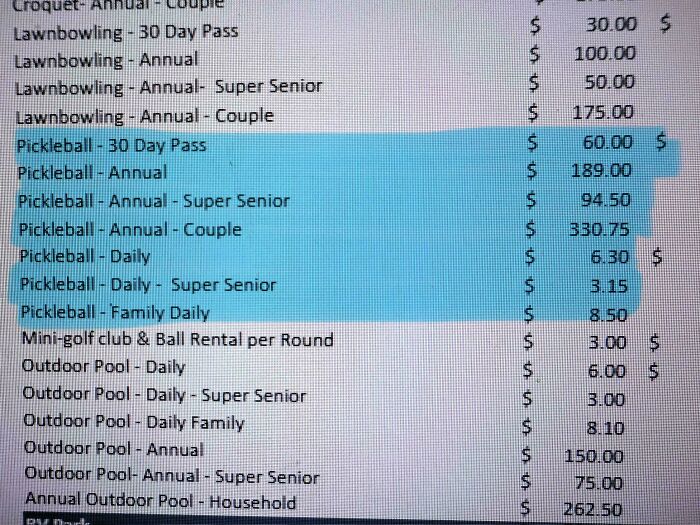 List of recreational activity fees showing pickleball 30 day pass and annual prices highlighted, reflecting current life in the US.