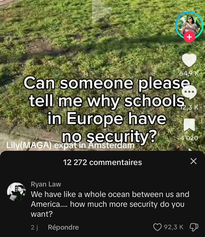 Text on grassy background questioning European school security, showcasing ignorance of Americans in a viral TikTok post.