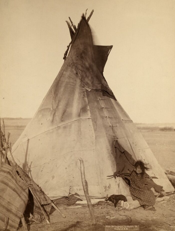 Native American woman sitting outside a traditional teepee with a dog nearby in an authentic 1800s scene.