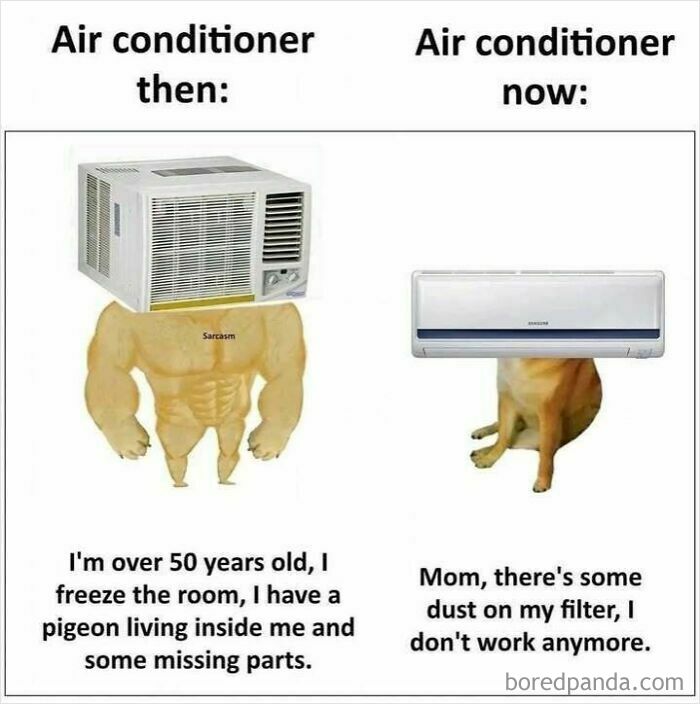 Funny meme comparing old and new air conditioners with humorous text and visual contrast.