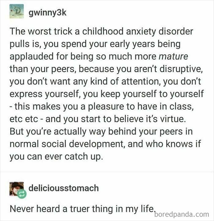 Text post about childhood anxiety disorder, social development struggles, and relatable anxiety memes humor.