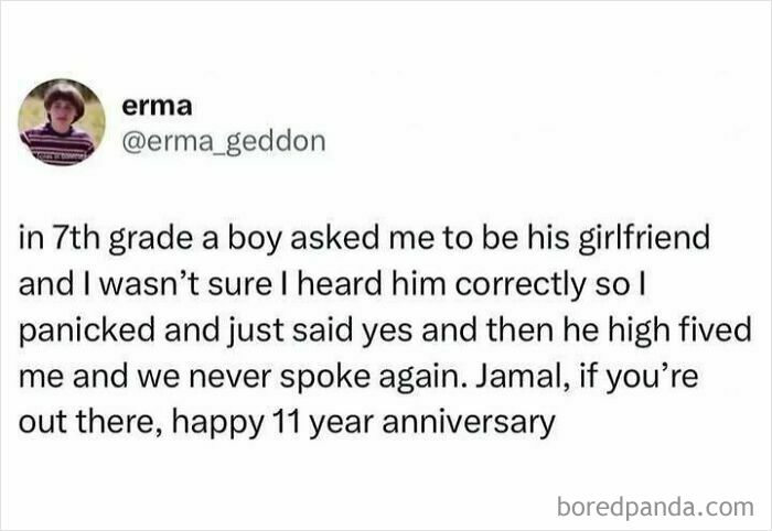 Funny meme sharing a humorous middle school dating story with a high-five ending.