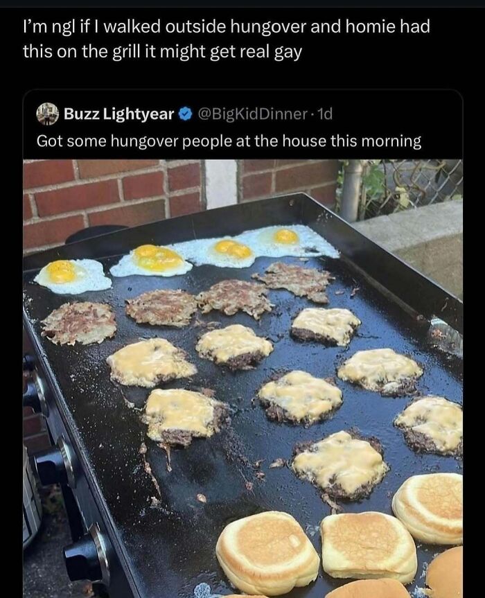 Outdoor grill cooking eggs, cheeseburgers, and pancakes with a humorous caption about hungover people, funny shower thoughts theme.