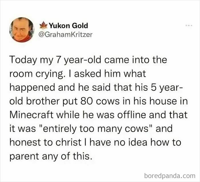 A funny meme about parenting challenges involving kids and Minecraft.