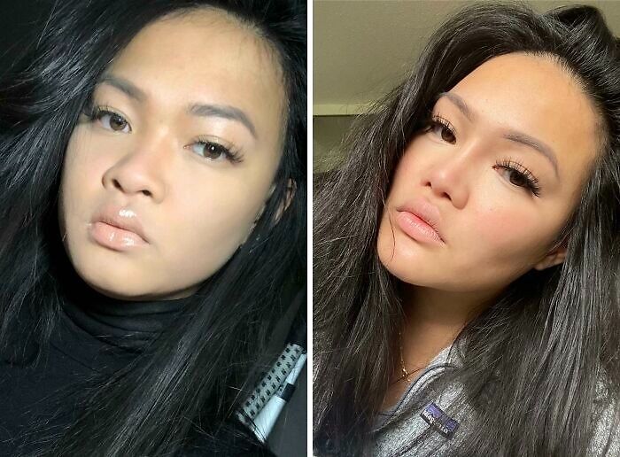 Side-by-side photos of a woman showing small appearance changes that made a big difference for women’s looks.