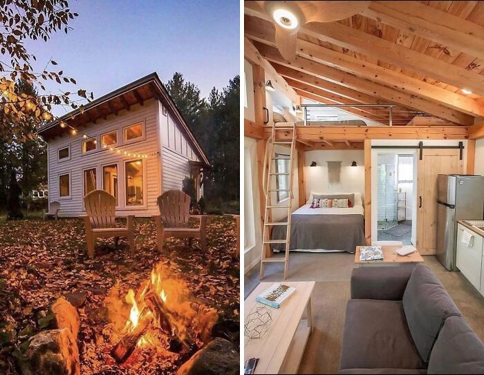 Cozy tiny home with outdoor fire pit and rustic wooden interior, inspiring off the grid living in a compact space.