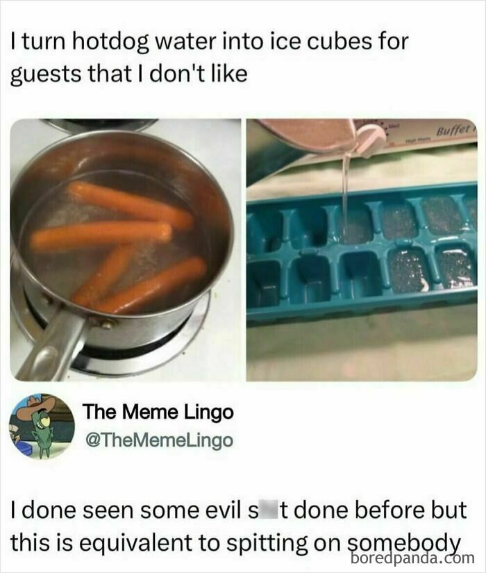 Boiling hotdog water poured into ice cube tray as a funny and random shower thought shared on an IG page.