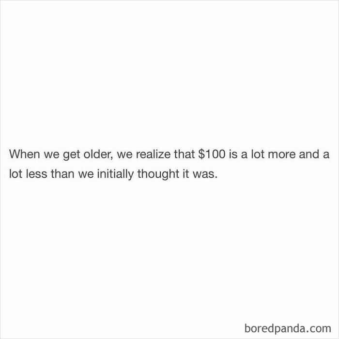 Funny and random shower thought about realizing the true value of 100 dollars as we get older shared on an IG page.