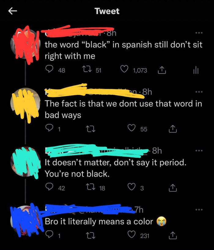 Screenshot of a Twitter thread showing ignorance in Americans discussing the use of the word black in Spanish.