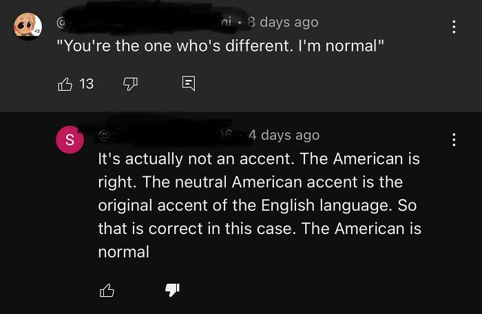 Screenshot of social media comments debating whether the American accent is the original English accent, showing ignorance of Americans.