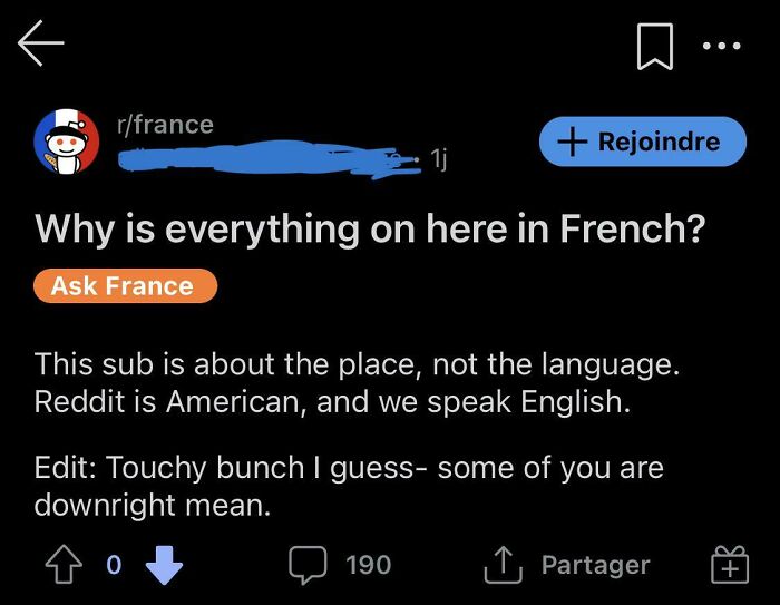 Reddit post showing Americans' ignorance about language, questioning why everything is in French on a subreddit about France.