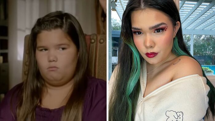 Side-by-side then and now photos of a famous celebrity showing dramatic transformation over time.