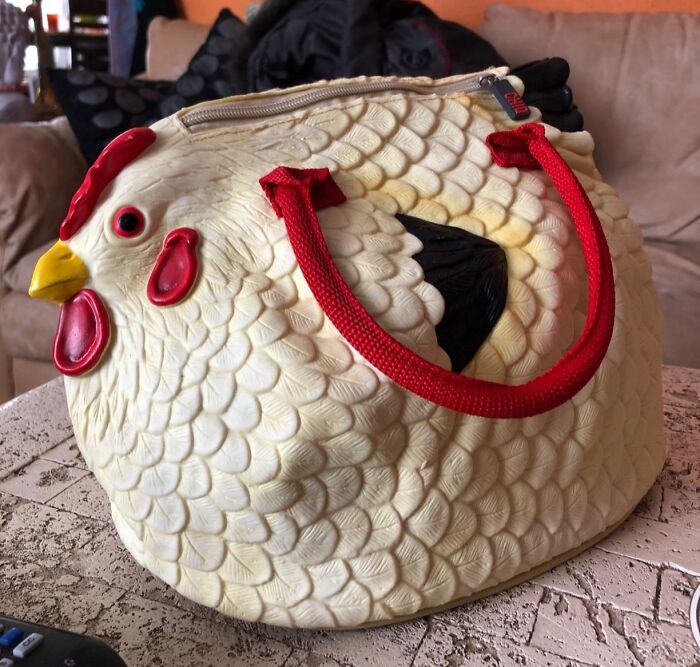 Chicken-shaped handbag with red handles, a humorous and quirky Mother's Day gift idea from the funniest gift collection.