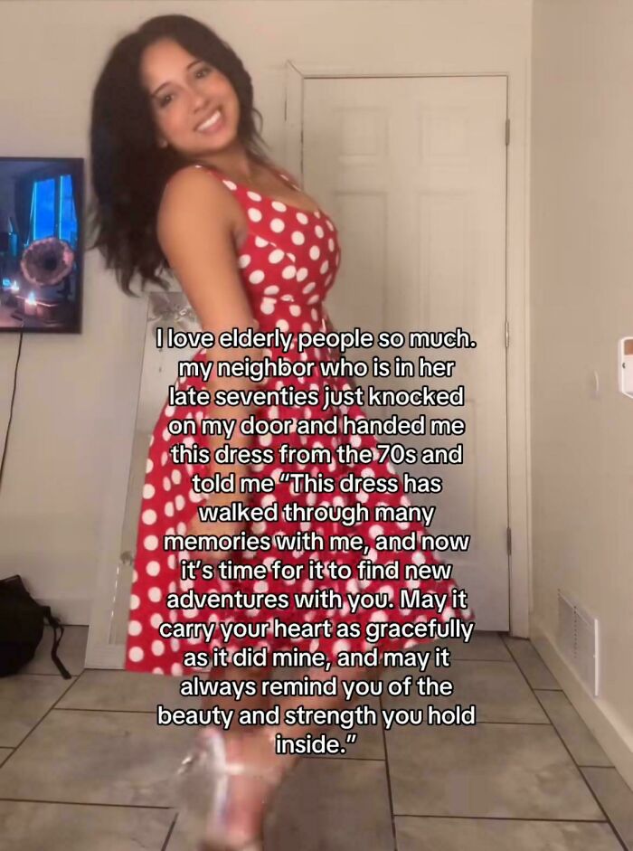 Woman in a red polka dot dress sharing a story about connections and memories, featured in outrageous lies collection.