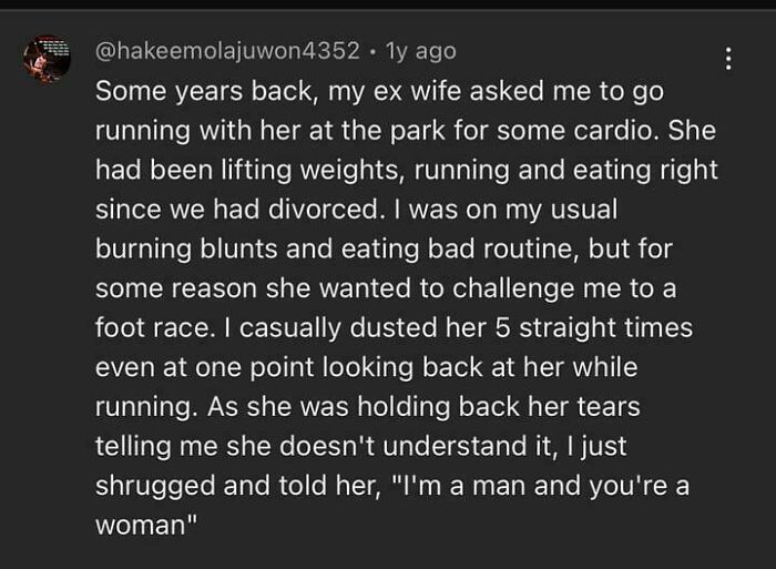 Text post sharing an outrageous lie about beating an ex-wife in a foot race, from stories of lies people tried to pass off.