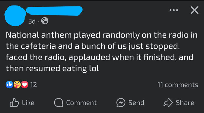Social media post sharing an outrageous lie about people clapping after a random national anthem played on the radio.