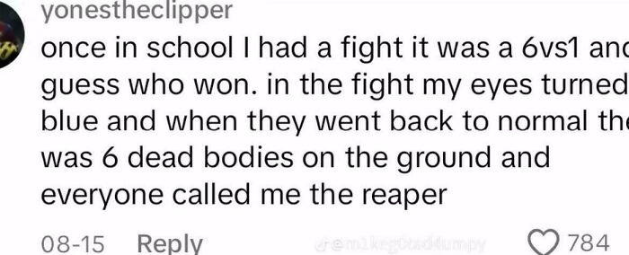 Screenshot of an outrageous lie where someone claims to have won a 6 vs 1 school fight with six dead bodies.