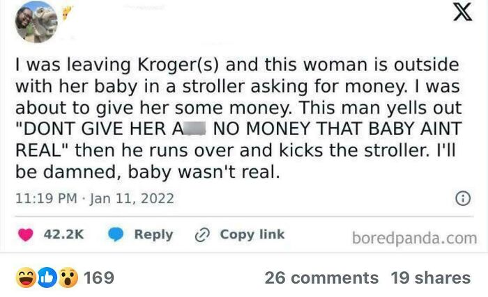 Screenshot of a social media post sharing an outrageous lie about a fake baby and a stroller incident.