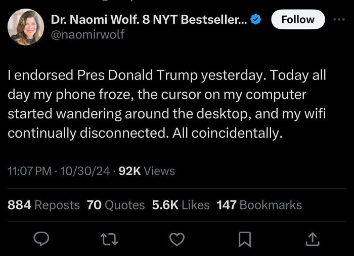 Tweet claiming tech issues after endorsing a president, illustrating outrageous lies people tried to pass off as real.