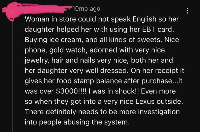 Screenshot of a social media comment accusing someone of abusing the food stamp system with outrageous claims.