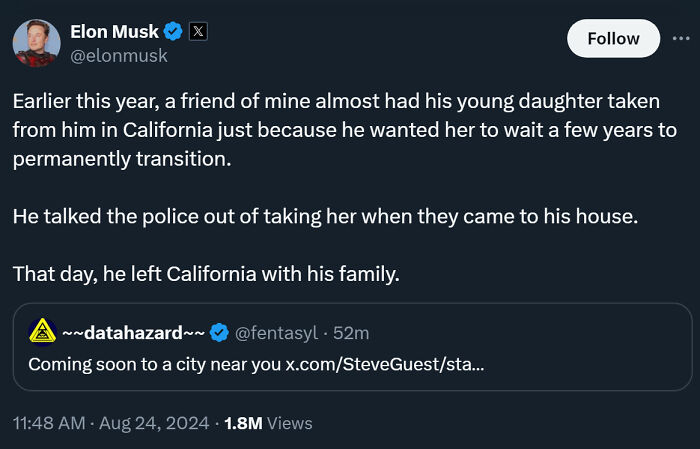 Elon Musk tweet about a father preventing police from taking his daughter amid controversial transition claims.