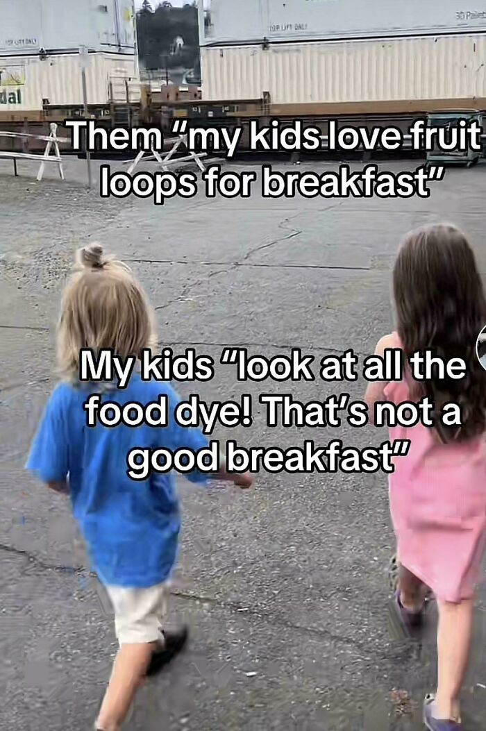 Two children walking outside with text about outrageous lies and kids' reactions to breakfast food dye.